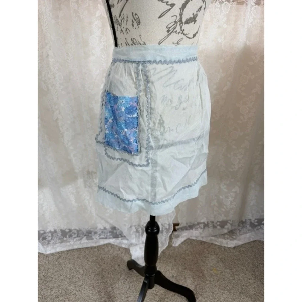 Vintage 40's Handmade Sheer Blue Half Apron Rick Rack Trim Floral Pocket Retro